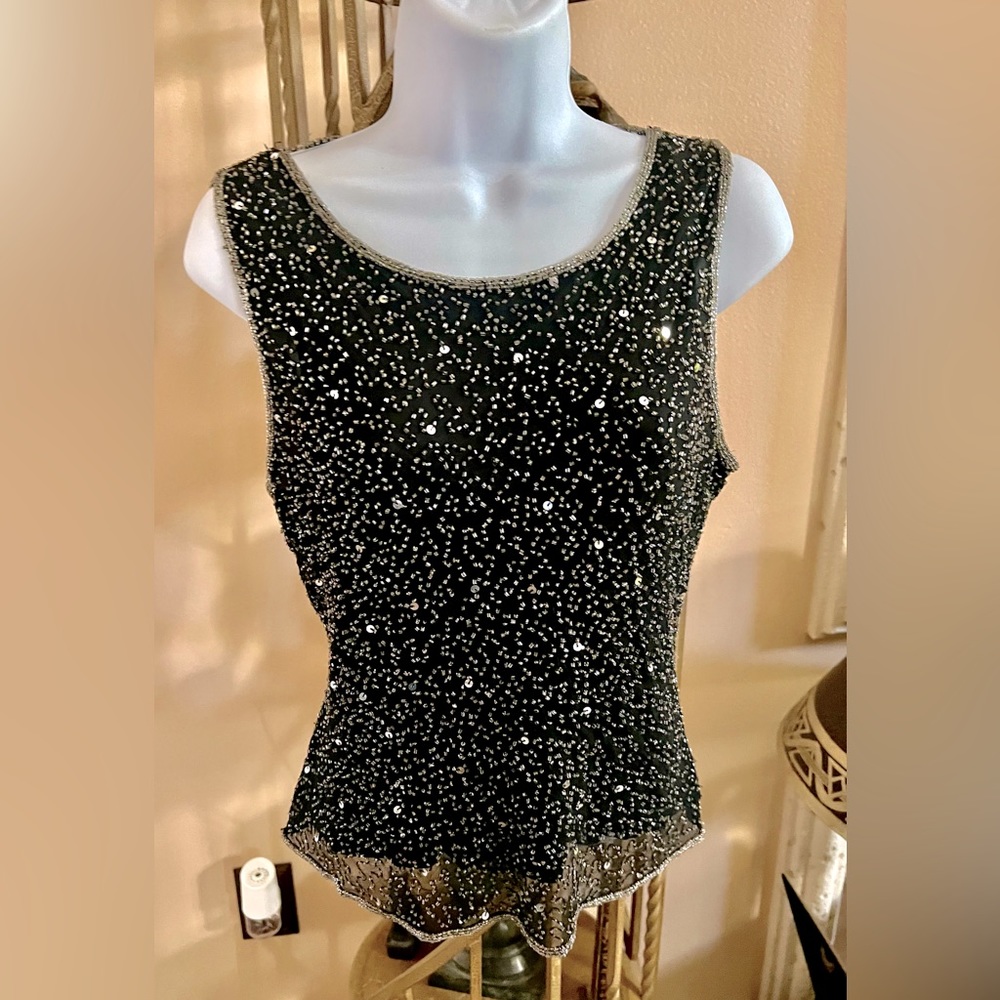 VINTAGE STENAY Fully Beaded & Sequined 100% Silk Open Back Sleeveless Top L